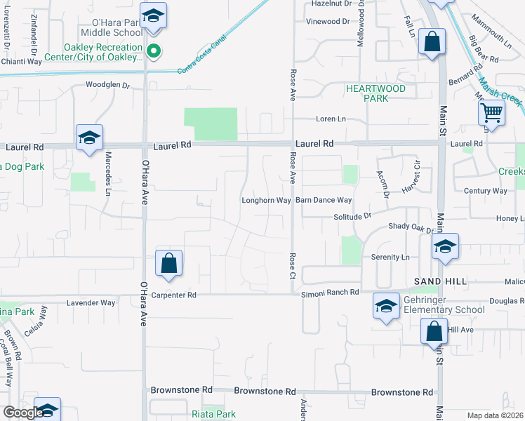 map of restaurants, bars, coffee shops, grocery stores, and more near 20 Riverwood Court in Oakley