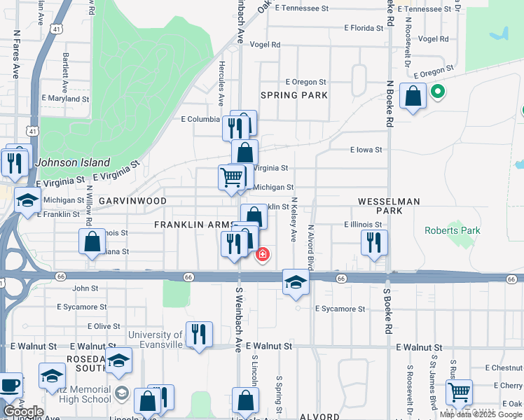map of restaurants, bars, coffee shops, grocery stores, and more near 2015 East Franklin Street in Evansville