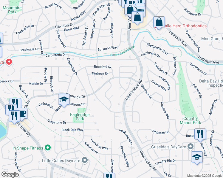 map of restaurants, bars, coffee shops, grocery stores, and more near 4121 Limestone Drive in Antioch