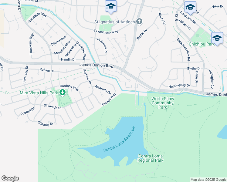 map of restaurants, bars, coffee shops, grocery stores, and more near 2079 Reseda Way in Antioch