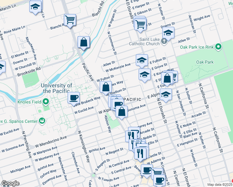 map of restaurants, bars, coffee shops, grocery stores, and more near 170 West Stadium Drive in Stockton