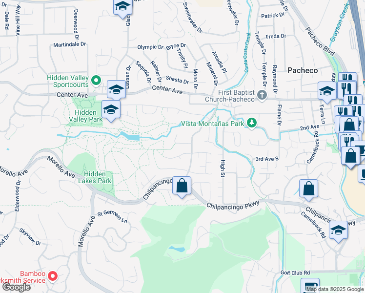 map of restaurants, bars, coffee shops, grocery stores, and more near 2254 Hidden Lakes Court in Martinez