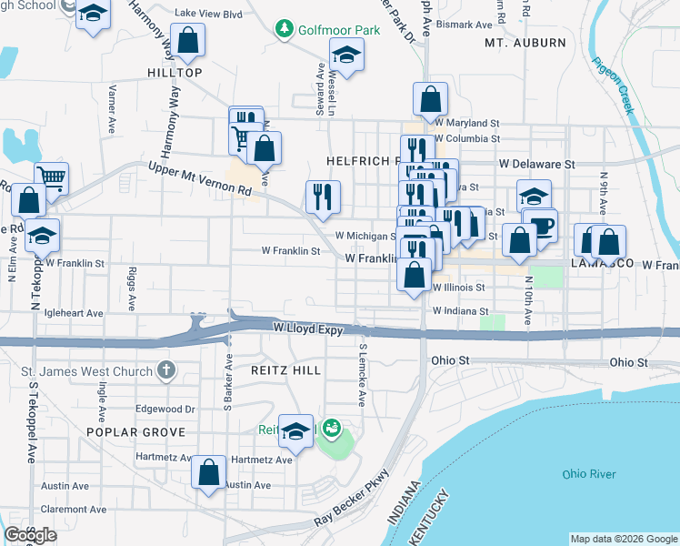 map of restaurants, bars, coffee shops, grocery stores, and more near 2615 W Illinois St in Evansville