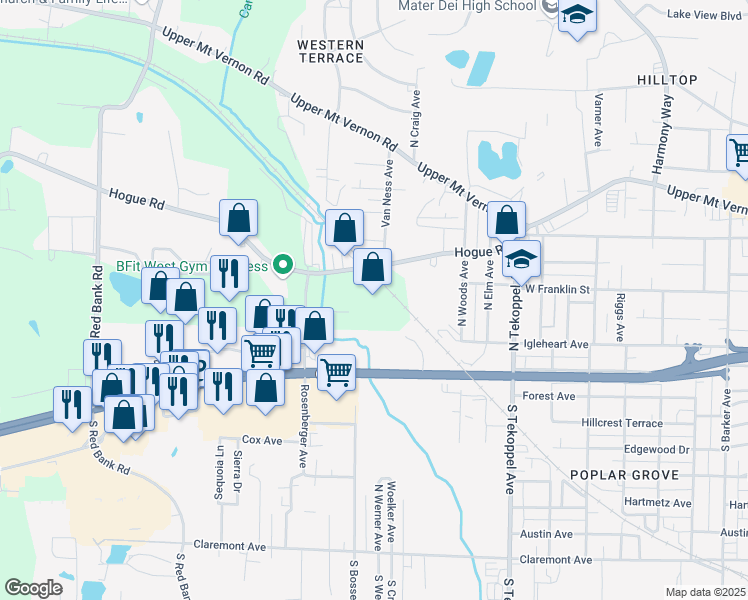 map of restaurants, bars, coffee shops, grocery stores, and more near 4200 Hogue Road in Evansville