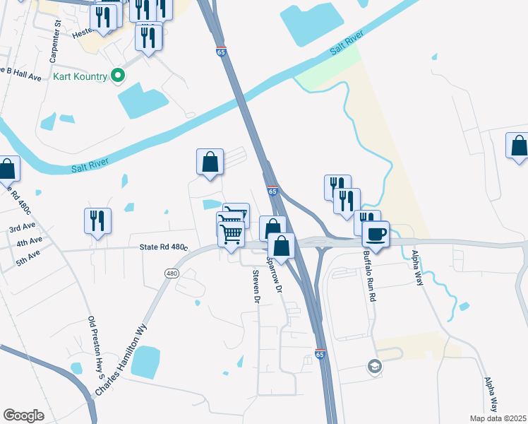 map of restaurants, bars, coffee shops, grocery stores, and more near 196 Dawson Drive in Shepherdsville