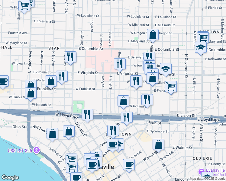 map of restaurants, bars, coffee shops, grocery stores, and more near 312 West Franklin Street in Evansville