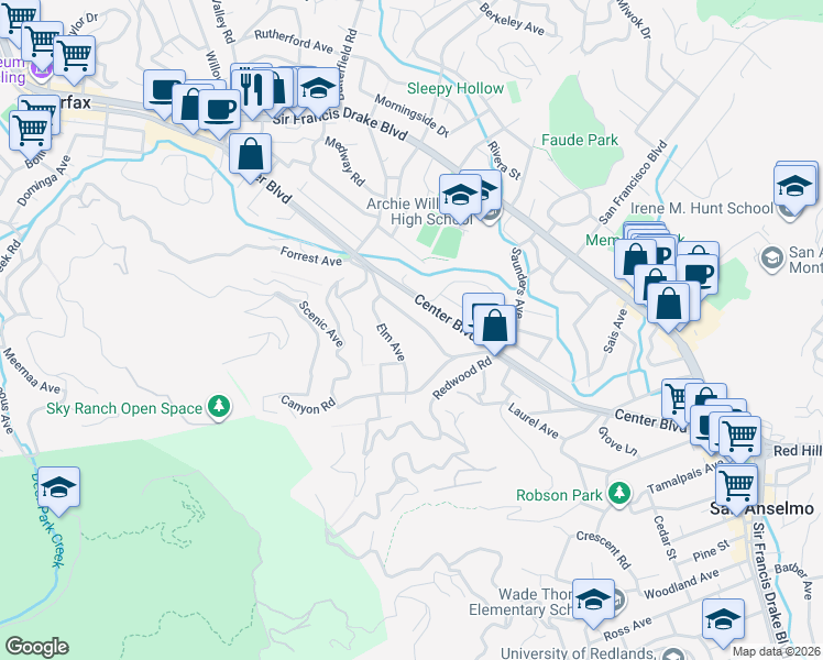 map of restaurants, bars, coffee shops, grocery stores, and more near 1355 San Anselmo Avenue in San Anselmo
