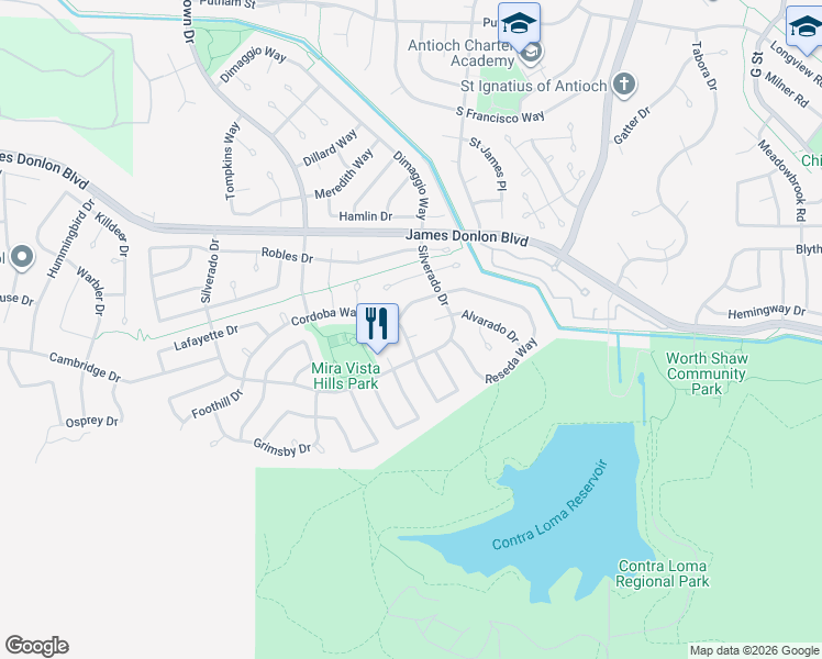 map of restaurants, bars, coffee shops, grocery stores, and more near 2112 Cordoba Way in Antioch