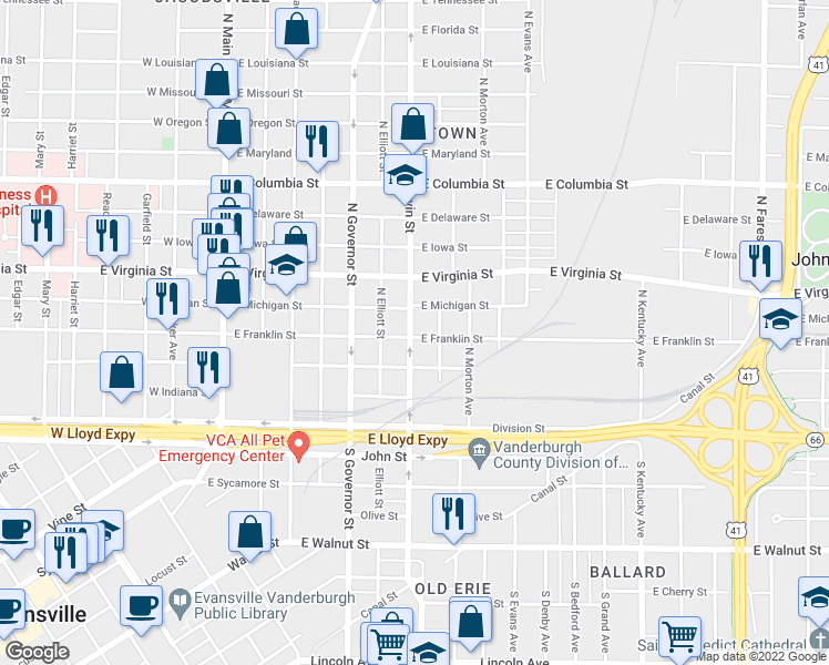 map of restaurants, bars, coffee shops, grocery stores, and more near 600 East Franklin Street in Evansville
