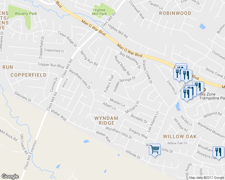 map of restaurants, bars, coffee shops, grocery stores, and more near 3893 Hidden Springs Drive in Lexington