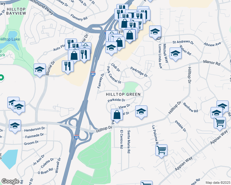 map of restaurants, bars, coffee shops, grocery stores, and more near 1229 Parkway Drive in Richmond