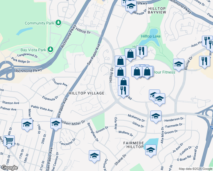 map of restaurants, bars, coffee shops, grocery stores, and more near 2648 Longview Drive in Richmond