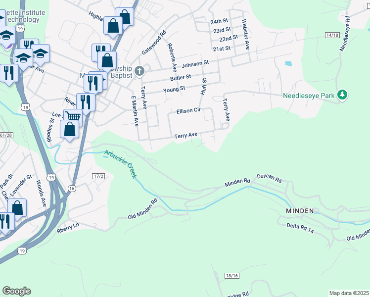 map of restaurants, bars, coffee shops, grocery stores, and more near 564 Terry Avenue in Oak Hill