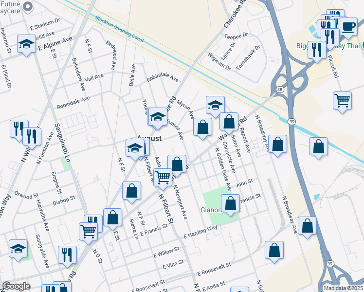 map of restaurants, bars, coffee shops, grocery stores, and more near 1971 Sunset Ave in Stockton