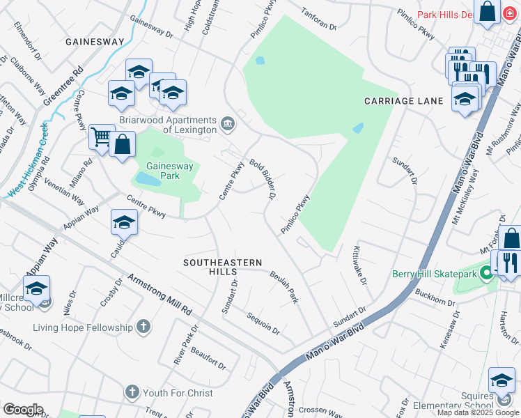 map of restaurants, bars, coffee shops, grocery stores, and more near 3557 Bold Bidder Drive in Lexington