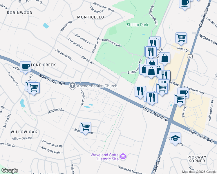 map of restaurants, bars, coffee shops, grocery stores, and more near 3501 Beaver Place Road in Lexington