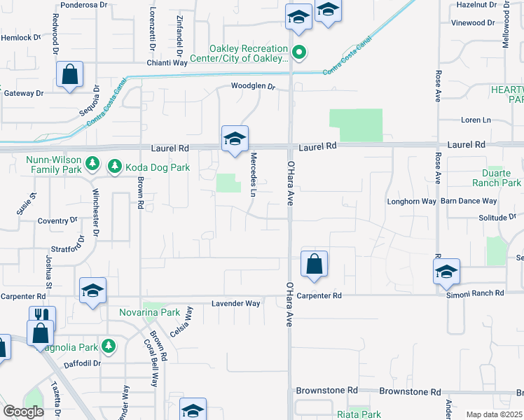 map of restaurants, bars, coffee shops, grocery stores, and more near 311 Clove Way in Oakley