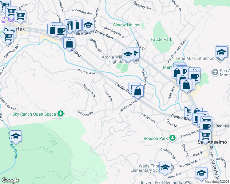 map of restaurants, bars, coffee shops, grocery stores, and more near 1355 San Anselmo Avenue in San Anselmo