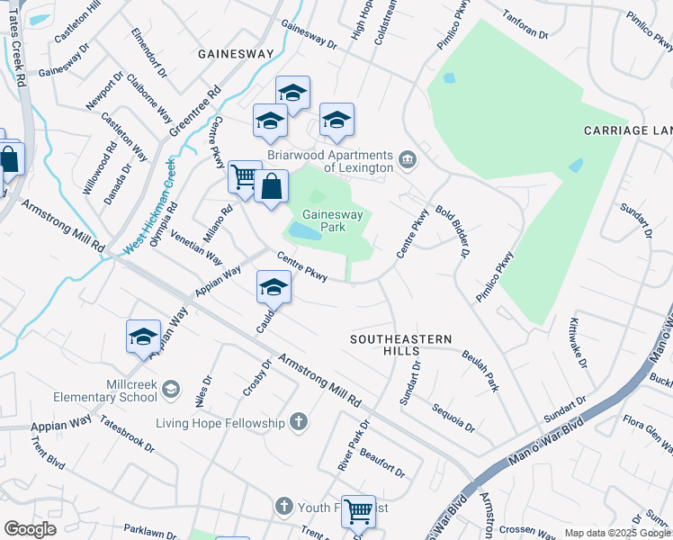 map of restaurants, bars, coffee shops, grocery stores, and more near 1245 Centre Parkway in Lexington