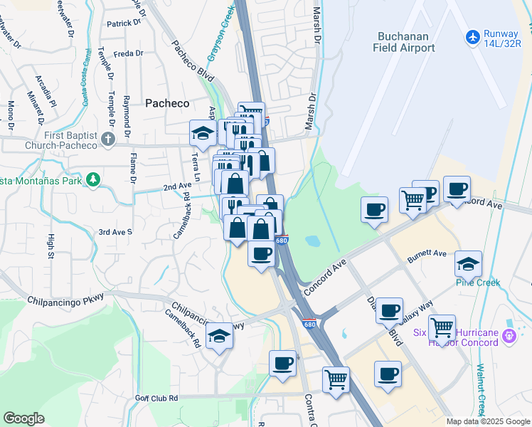 map of restaurants, bars, coffee shops, grocery stores, and more near 535 Contra Costa Boulevard in Pleasant Hill
