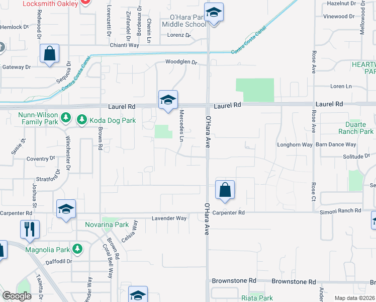 map of restaurants, bars, coffee shops, grocery stores, and more near 311 Clove Way in Oakley