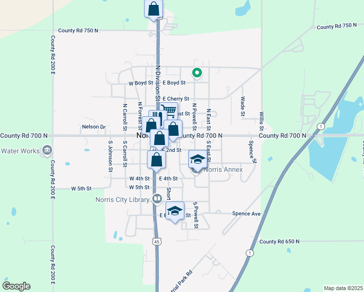 map of restaurants, bars, coffee shops, grocery stores, and more near 300-398 East 2nd Street in Norris City