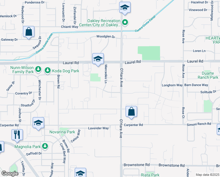 map of restaurants, bars, coffee shops, grocery stores, and more near 311 Clove Way in Oakley