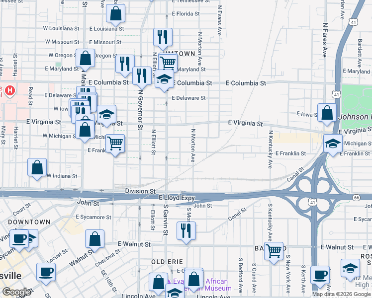 map of restaurants, bars, coffee shops, grocery stores, and more near 658 East Franklin Street in Evansville