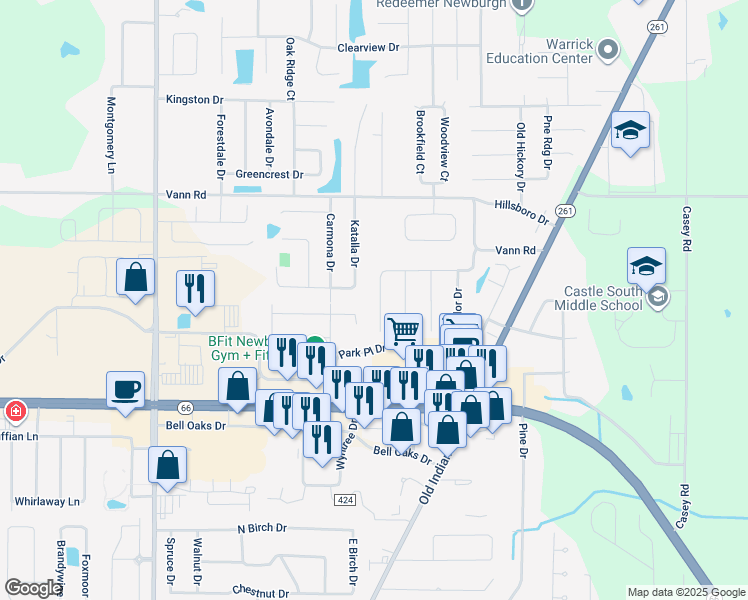 map of restaurants, bars, coffee shops, grocery stores, and more near Carmona Drive in Newburgh
