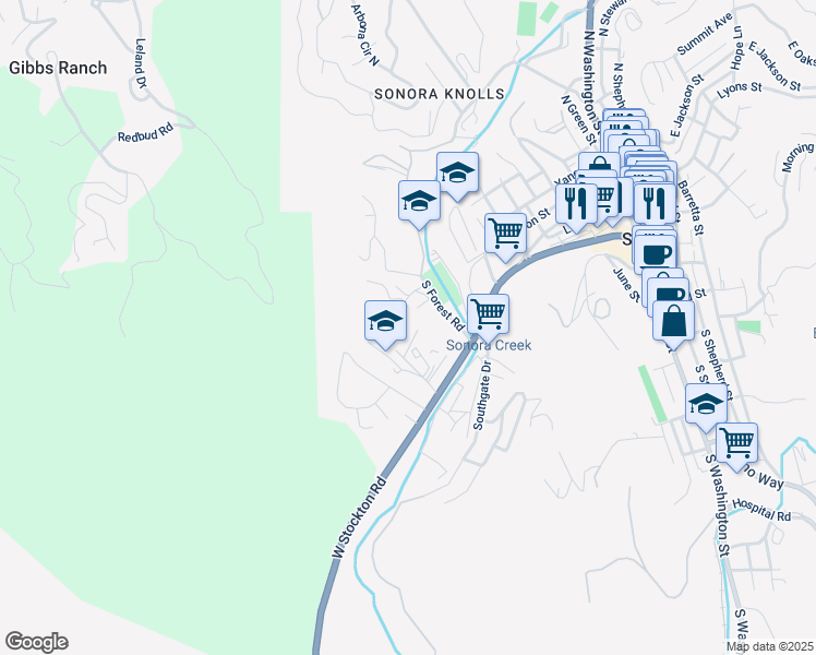 map of restaurants, bars, coffee shops, grocery stores, and more near 311 Fairview Ln in Sonora