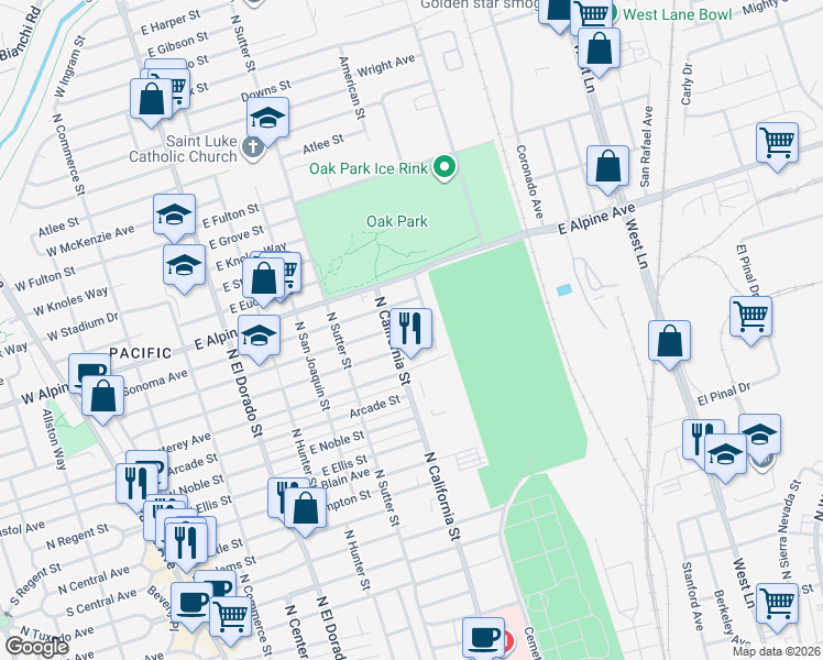 map of restaurants, bars, coffee shops, grocery stores, and more near 555 East Mariposa Avenue in Stockton