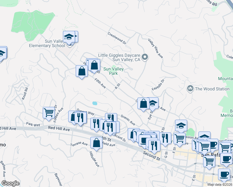 map of restaurants, bars, coffee shops, grocery stores, and more near 2062 Fifth Avenue in San Rafael