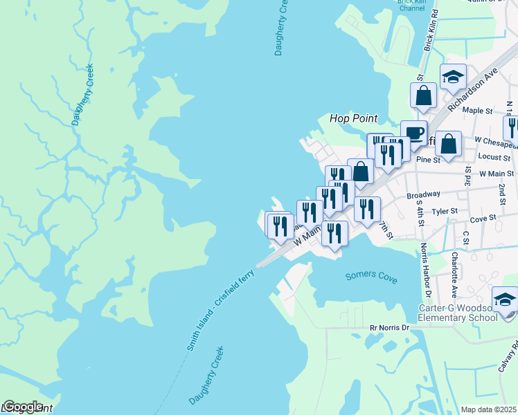 map of restaurants, bars, coffee shops, grocery stores, and more near 102 North 10th Street in Crisfield