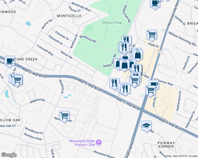 map of restaurants, bars, coffee shops, grocery stores, and more near 3500 Beaver Place Road in Lexington