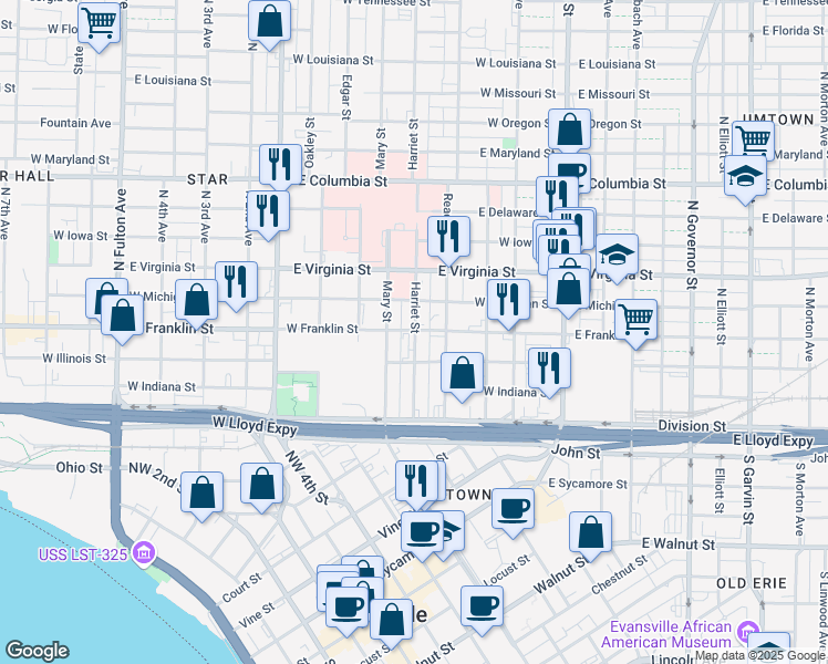 map of restaurants, bars, coffee shops, grocery stores, and more near 220 Harriet Street in Evansville