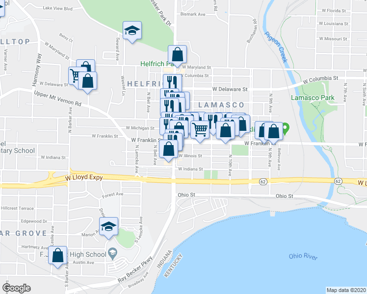 map of restaurants, bars, coffee shops, grocery stores, and more near 2315 West Illinois Street in Evansville
