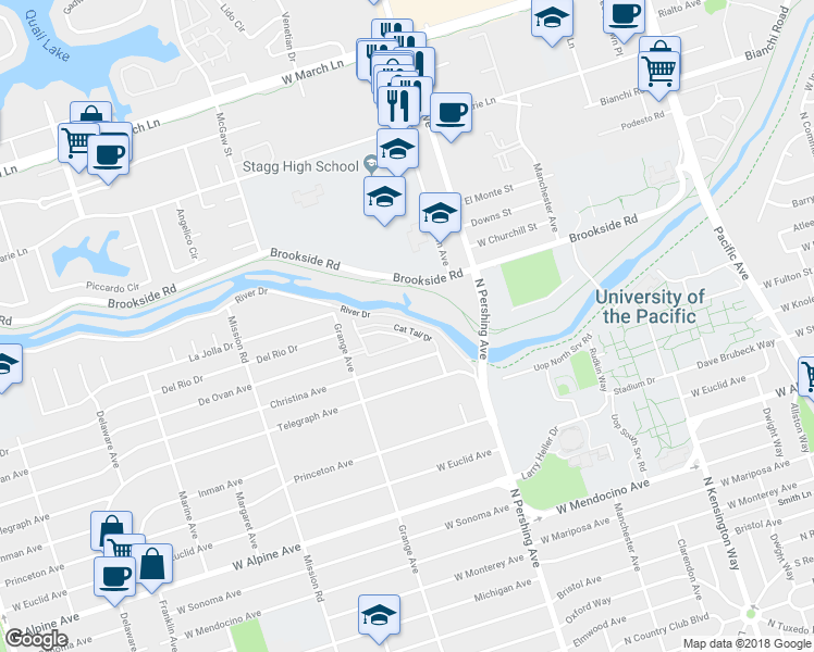 map of restaurants, bars, coffee shops, grocery stores, and more near 1515 Cat Tail Drive in Stockton