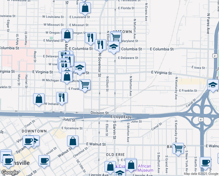 map of restaurants, bars, coffee shops, grocery stores, and more near 421 East Franklin Street in Evansville