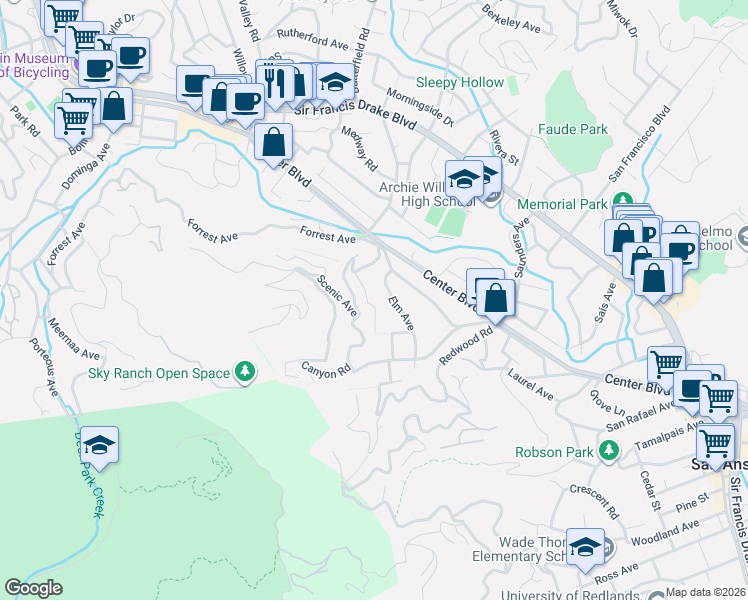 map of restaurants, bars, coffee shops, grocery stores, and more near 51 Foothill Road in San Anselmo