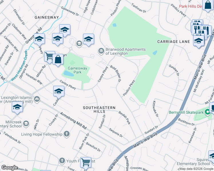 map of restaurants, bars, coffee shops, grocery stores, and more near 3532 Honey Jay Court in Lexington