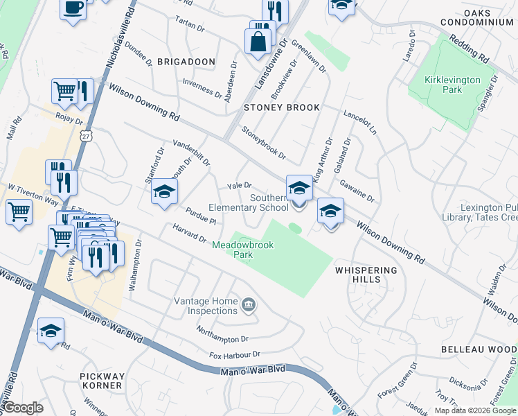 map of restaurants, bars, coffee shops, grocery stores, and more near 3785 Temple Drive in Lexington