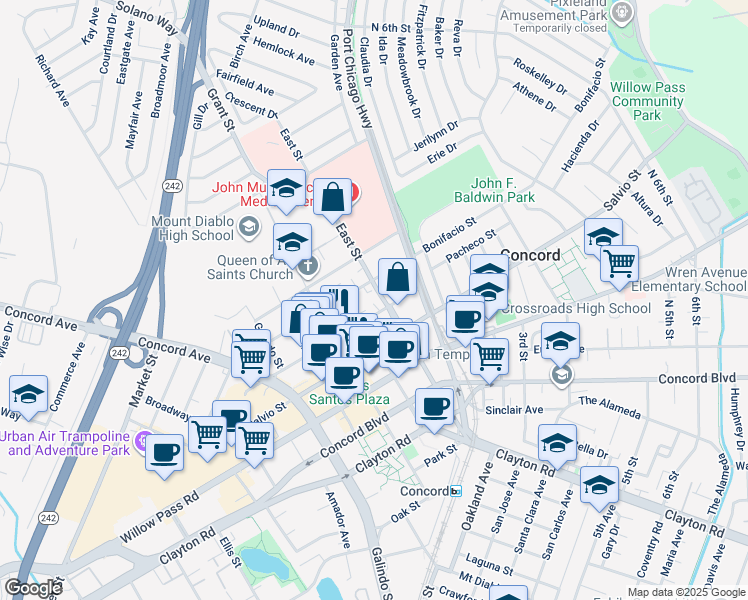 map of restaurants, bars, coffee shops, grocery stores, and more near 2141 East Street in Concord