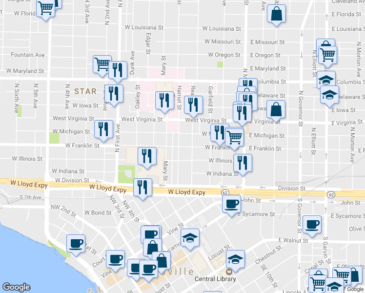 map of restaurants, bars, coffee shops, grocery stores, and more near 316 West Franklin Street in Evansville
