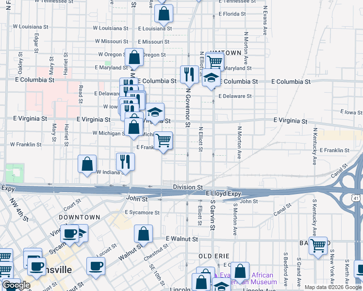 map of restaurants, bars, coffee shops, grocery stores, and more near 310 East Franklin Street in Evansville