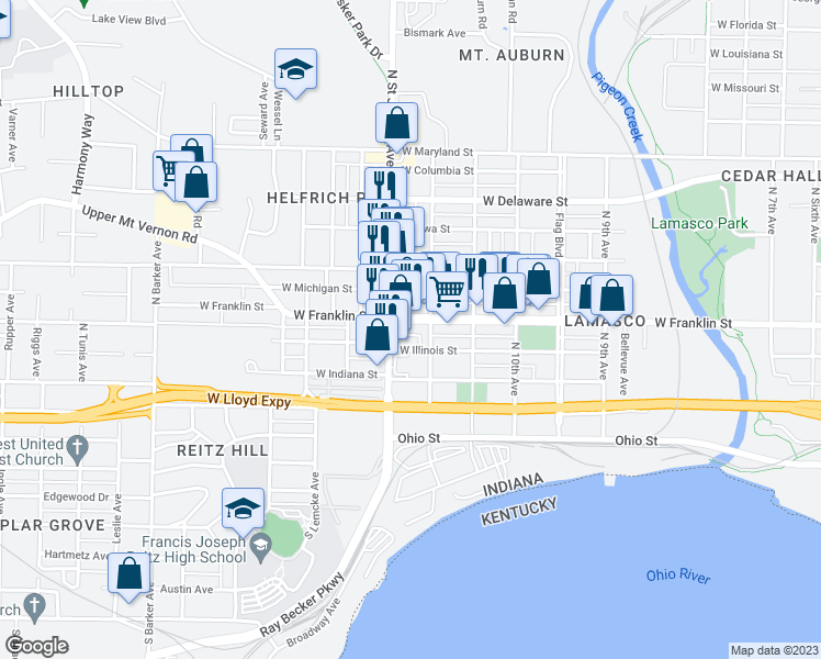 map of restaurants, bars, coffee shops, grocery stores, and more near 2316 West Franklin Street in Evansville