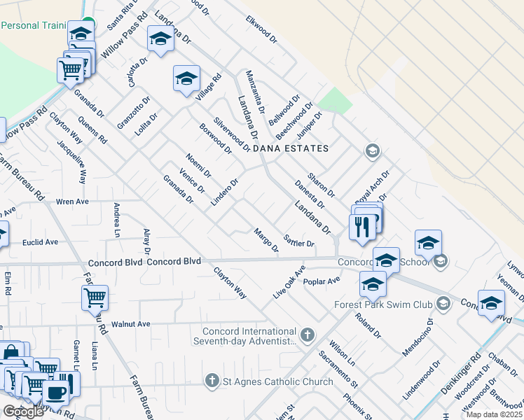 map of restaurants, bars, coffee shops, grocery stores, and more near 1790 Margo Drive in Concord