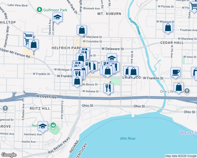 map of restaurants, bars, coffee shops, grocery stores, and more near 2129 West Illinois Street in Evansville