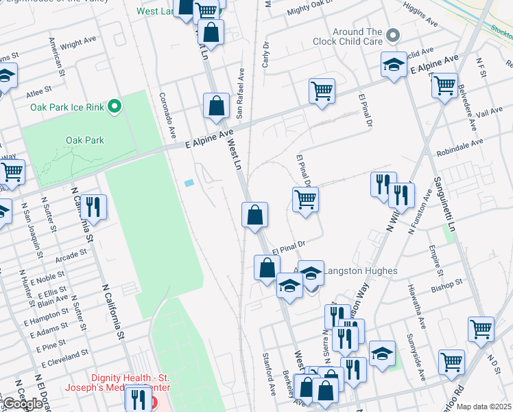 map of restaurants, bars, coffee shops, grocery stores, and more near 4040 West Ln E Fire Road in Stockton