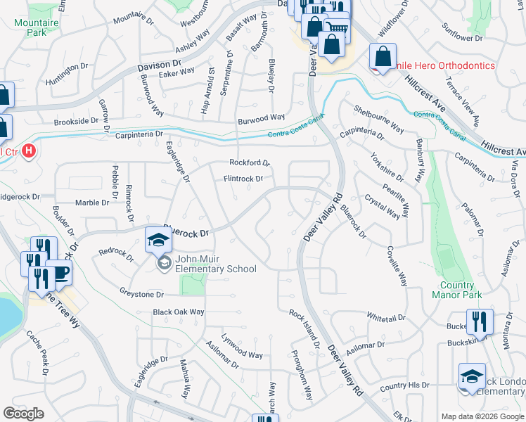 map of restaurants, bars, coffee shops, grocery stores, and more near 4121 Limestone Drive in Antioch
