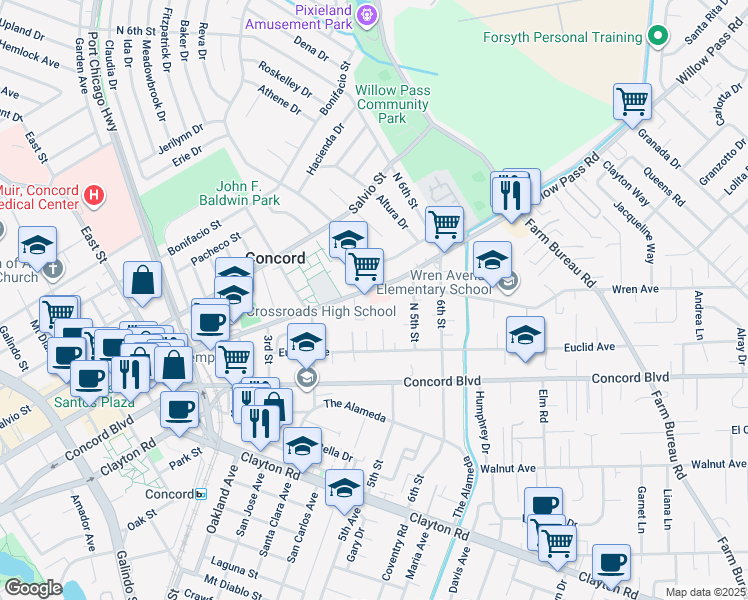 map of restaurants, bars, coffee shops, grocery stores, and more near 3018 Willow Pass Road in Concord